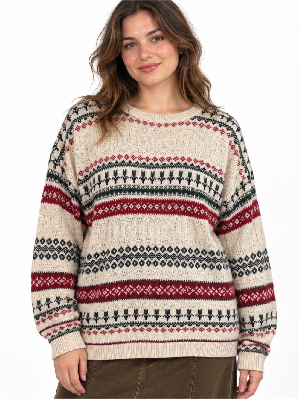 Vintage 90s Jessie Fair Isle Sweater Cream Red Green | Estimated Women’s XL